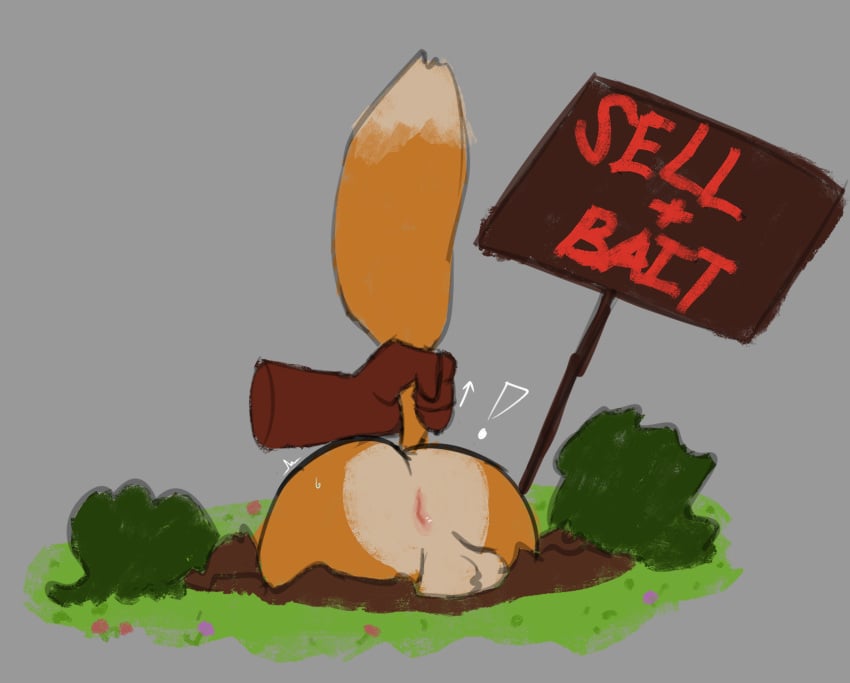 absurd_res ambiguous_gender anthro anus aron_aron backsack balls bodily_fluids canid canine directional_arrow dirt duo exclamation_point fox fur genitals hi_res hole_(pit) male male/ambiguous mammal nude orange_body orange_fur outside shaking sign stuck surprise sweat tail tail_grab tail_pull text trembling true_fox webfishing