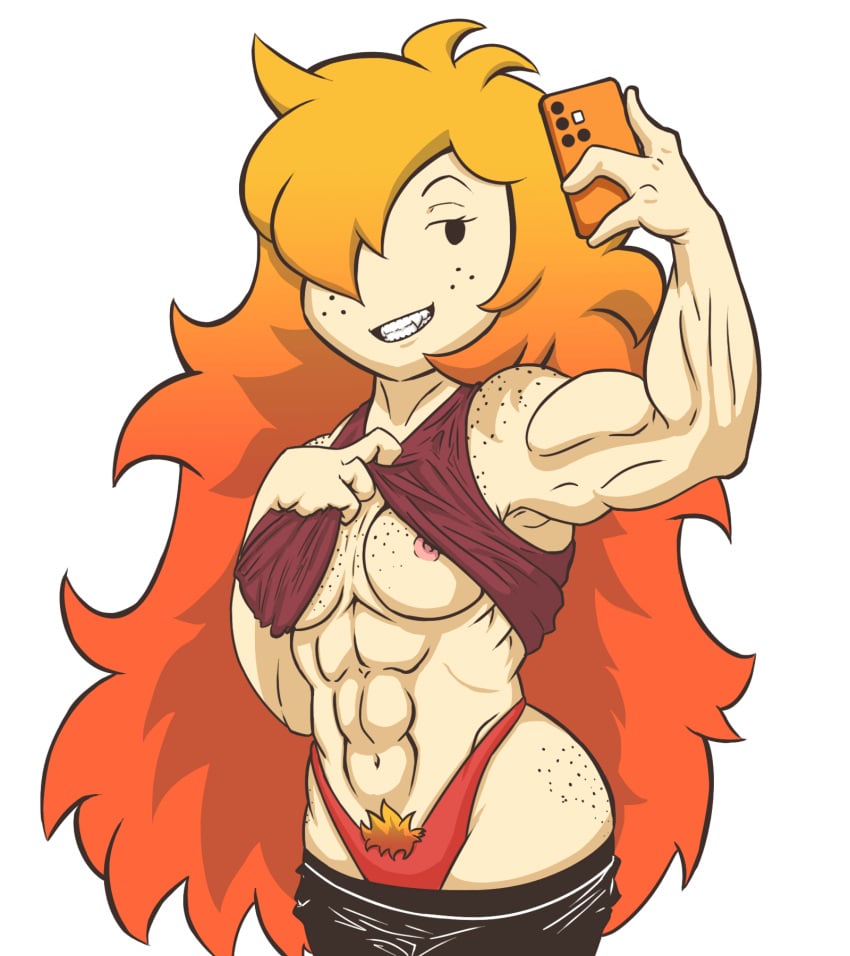 1girls abs alternate_version_available athletic athletic_female big_breasts cellphone freckles freckles_on_ass freckles_on_face freckles_on_shoulders geov hair_over_one_eye light-skinned_female light_skin long_hair muscles muscular muscular_female nerd_and_jock_(webcomic) no_bra orange_hair selfie shirt shirt_lift shirt_up tiger_(nerd_and_jock)