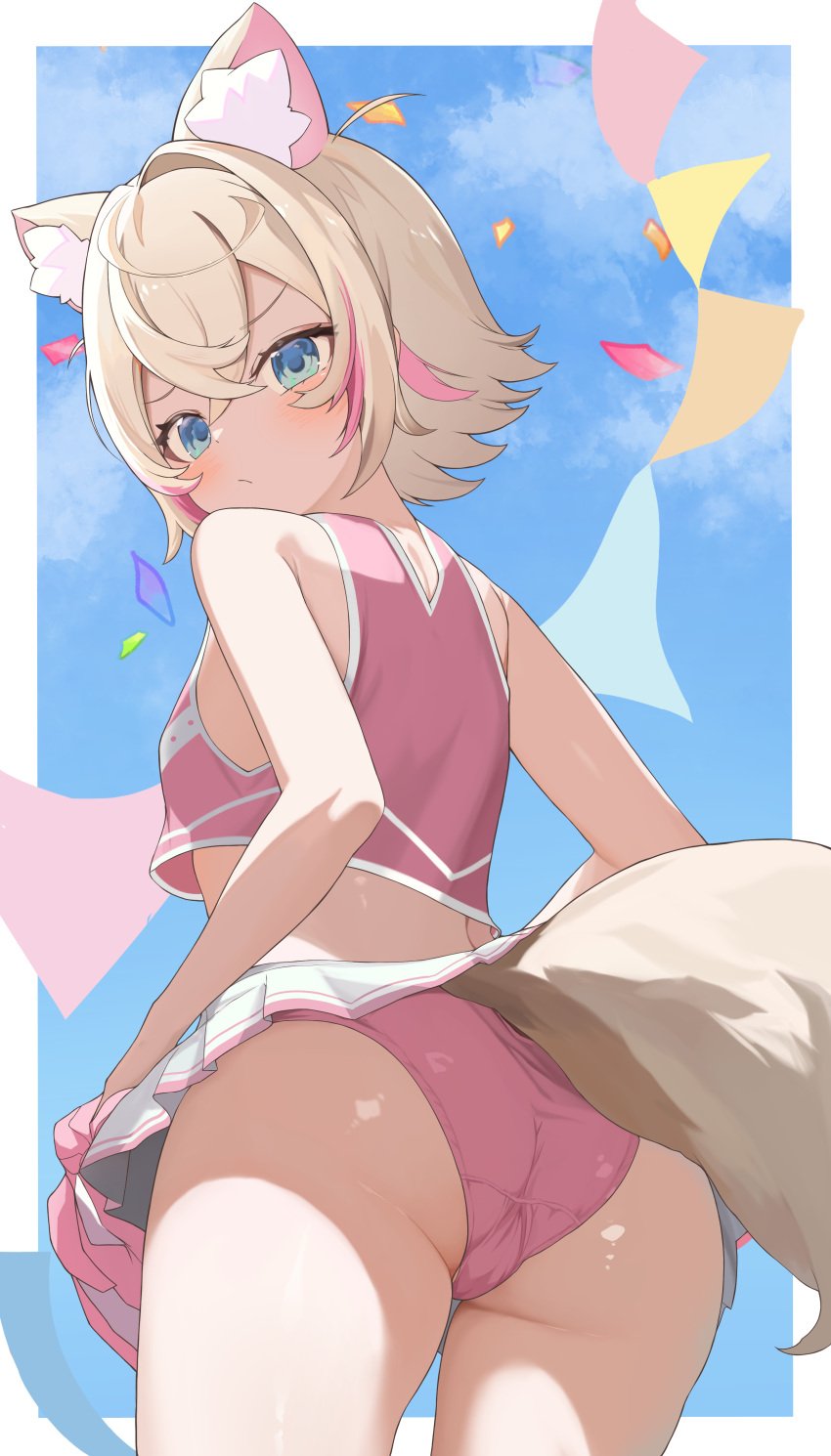 :/ absurdres alternate_costume animal_ears ass blonde_hair blue_eyes blue_sky blush border breasts cheerleader commentary confetti crop_top crossed_bangs day dog_ears dog_girl dog_tail double-parted_bangs female from_behind hair_between_eyes hair_intakes highres hololive hololive_english looking_at_viewer looking_back miniskirt mococo_abyssgard multicolored_hair panties pink_hair pink_panties pleated_skirt short_hair skirt skirt_hold sky sleeveless small_breasts solo streaked_hair tail tail_under_clothes two_side_up underwear virtual_youtuber white_border white_skirt yuni_animal_(remyi_3)