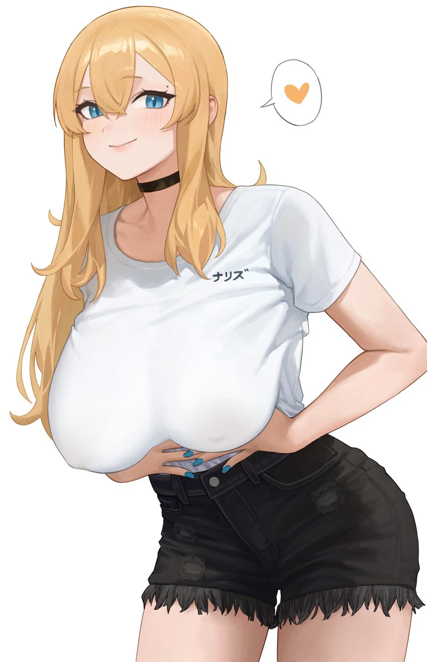 1girls big_breasts blonde_hair blue_eyes breasts choker claire_lamund_(nhaliz) female female_focus female_only hi_res highres huge_breasts large_breasts light-skinned_female light_skin nail_polish nhaliz nipples_visible_through_clothing no_bra solo solo_female solo_focus spoken_heart