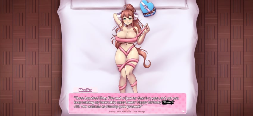 4th_wall_breaking absurd_res birthday_gift breast_expansion breasts green_eyes growth laying_down metachoke monika_(doki_doki_literature_club) ribbons sequence smile talking_to_viewer text