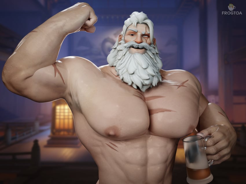 1boy 3d 3d_model 3d_render abs bara bara_tiddies bara_tits beard beer big_pecs blizzard_entertainment dilf facial_hair flexing_bicep frogtoa gdilf large_pectorals long_hair long_hair_male male male_only mature_male muscular muscular_male older_male overwatch overwatch_2 reinhardt scar_across_eye scar_on_body scar_on_face scars_all_over white_beard white_hair