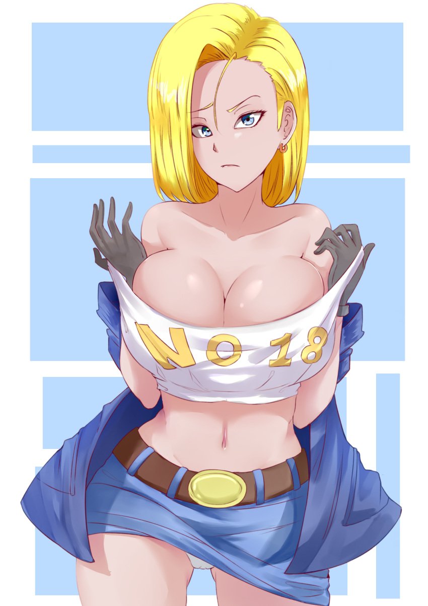 1girls android_18 bare_midriff belt blonde_hair blue_eyes cleavage denim denim_skirt dragon_ball dragon_ball_z earrings female female_only fully_clothed gloves midriff midriff_baring_shirt miniskirt panties panty_peek pantyshot pantyshot_(standing) pondsama01 revealing_clothes skirt solo solo_female tagme