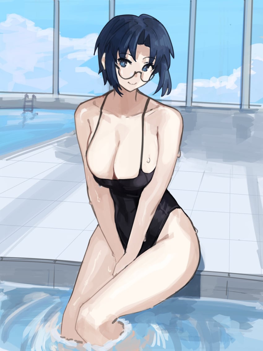 bare_arms bare_legs black_one-piece_swimsuit blonde_hair blue_eyes blue_sky breasts ciel_(tsukihime) closed_mouth cloud cloudy_sky collarbone cross_tattoo female highres indoors jonyeld large_breasts looking_at_viewer one-piece_swimsuit pool pool_ladder poolside short_hair sky smile soaking_feet sweat swimsuit tattoo thighs tsukihime type-moon v_arms wet