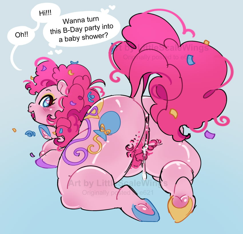 anthro anus ass ass_up big_butt bodily_fluids breasts english_text equid equine female friendship_is_magic genital_fluids genitals glistening glistening_body hasbro hi_res hooves horse impregnation_request kneeling littlescalewings mammal my_little_pony pinkie_pie_(mlp) pony presenting presenting_anus presenting_pussy pubes pubes_exposed pussy smile smiling_at_viewer solo speech_bubble text thick_thighs vaginal_fluids watermark