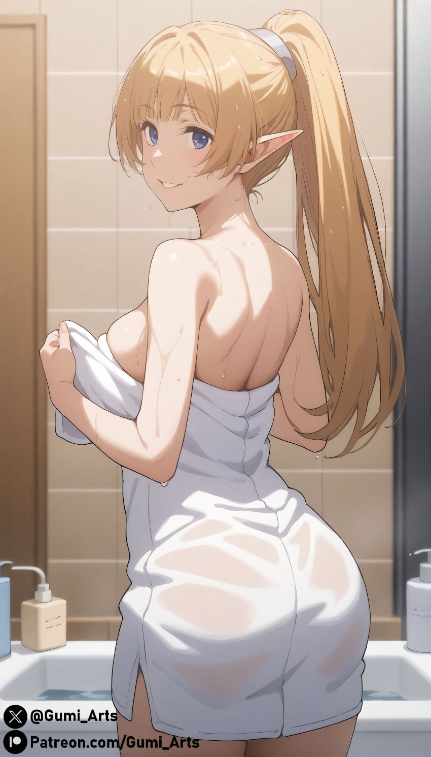 1girls ai_generated bathroom behind_view blue_eyes dungeon_ni_deai_wo_motomeru_no_wa_machigatteiru_darou_ka elf elf_ears elf_female female gumi_arts highres large_breasts lefiya_viridis long_hair looking_at_viewer orange_hair patreon_logo ponytail smile towel towel_only wet wide_hips