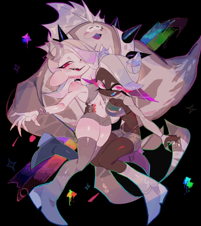 1boy 2girls big_man_(grand_festival) big_man_(splatoon) boots earrings frye_(grand_festival) frye_(splatoon) full_body grand_festival_(splatfest) hair_over_one_eye highres hokkamuri horns inkling jewelry manta_ray multiple_girls nintendo octoling official_alternate_costume official_alternate_hairstyle pink_eyes red_eyes sarashi shiver_(grand_festival) shiver_(splatoon) short_shorts shorts smile splatoon splatoon_(series) splatoon_3 tentacle_hair thigh_strap thighhighs thighs tooth_earrings usa37107692 white_hair