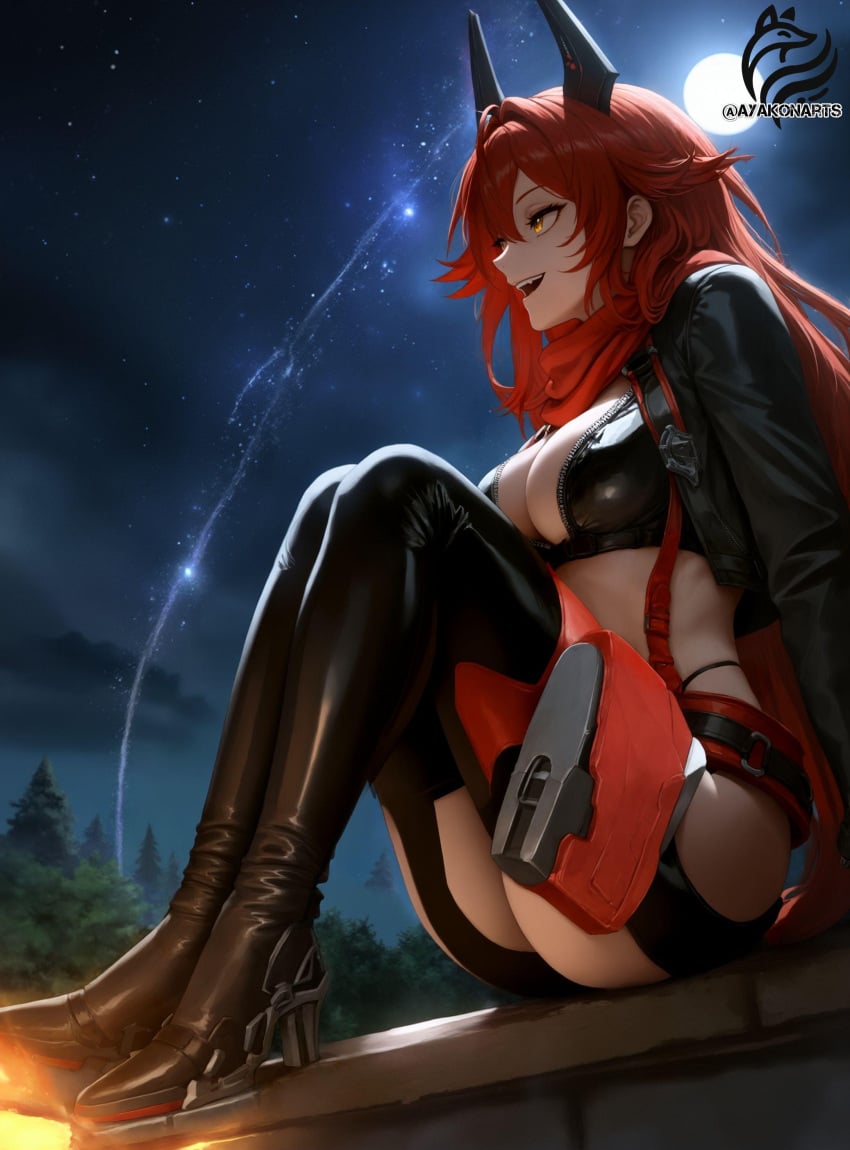 ai_generated ayakonarts fire goddess_of_victory:_nikke latex night red_hair red_hood_(nikke) sky yellow_eyes