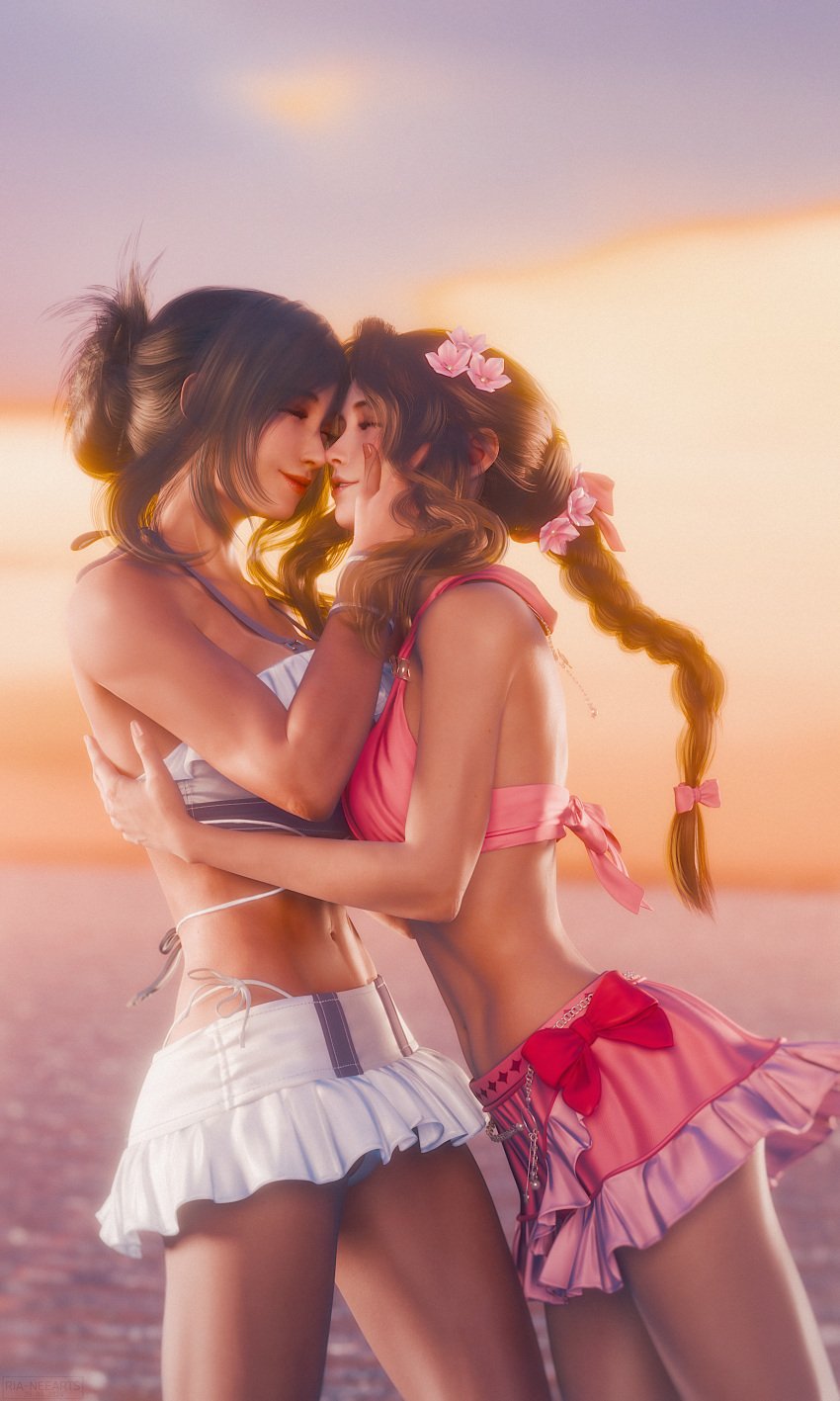 2girls 3d 3d_(artwork) aerith_gainsborough aerith_gainsborough_(pink_mermaid) beach big_breasts bikini black_hair blender braid breasts brown_hair closed_eyes female female_only final_fantasy final_fantasy_vii final_fantasy_vii_remake fit_female hair_ornament hand_on_cheek highres hug large_breasts long_hair medium_breasts navel outdoors pink_bikini ria-neearts sea sidelocks smile square_enix sunset swimsuit thighs tied_hair tifa_lockhart tifa_lockhart_(shining_spirit) white_bikini yuri