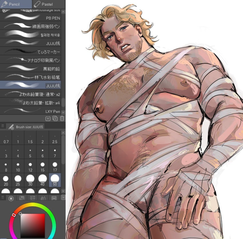 bandages bara beard big_pecs blonde_hair body_hair bulge chest_hair curly_(mouthwashing) facial_hair happy_trail looking_at_viewer low-angle_view male male_only mouthwashing muscular muscular_male orbuz228 pecs pubic_hair solo