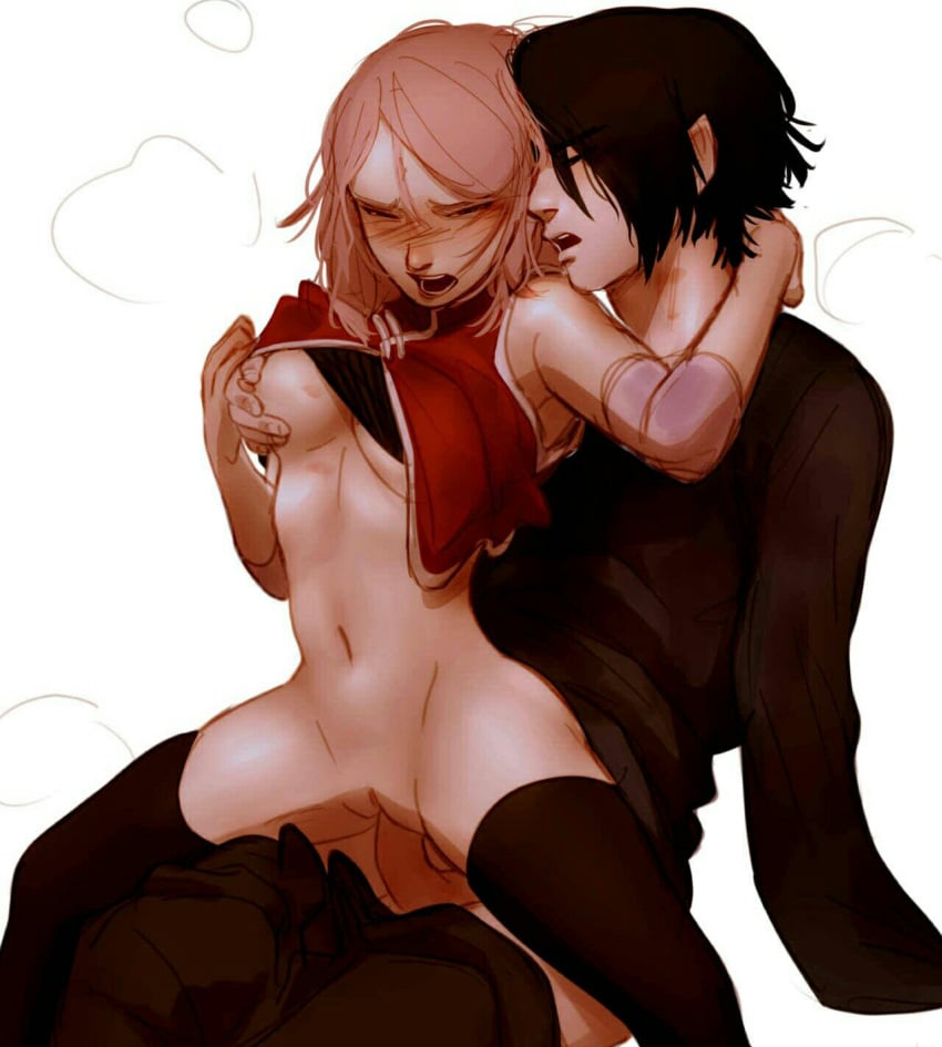 1boy 1girls black_hair blush breasts breath ceejss clothed_sex female insertion leggings moaning naruto_(series) nipples orgasm orgasm_face pink_hair sakura_haruno sasuke_uchiha sasusaku sex vagina vaginal_penetration vaginal_sex