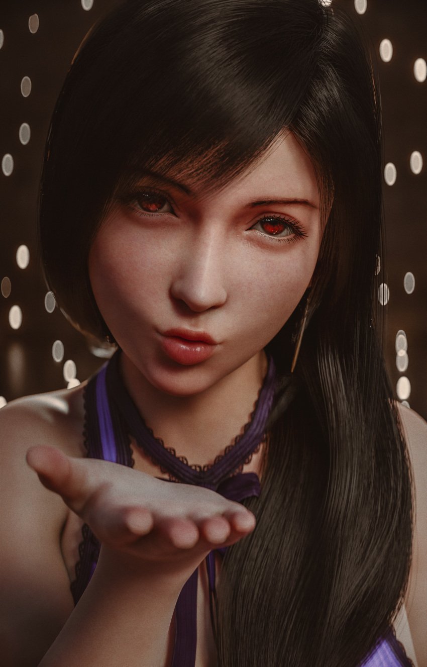 blowing_kiss brown_eyes dark_hair dress ecksoh final_fantasy_vii final_fantasy_vii_remake lips looking_at_viewer red_eyes seductive seductive_look tifa_lockhart