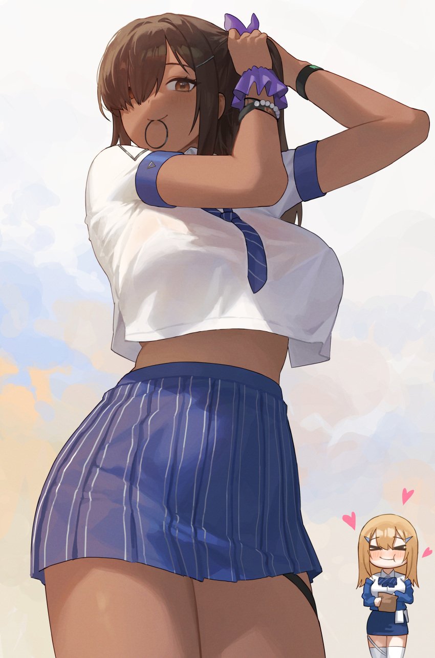 2girls big_breasts bracelet breasts dark-skinned_female dark_skin female female_focus female_only goddess_of_victory:_nikke grin gyaru hi_res highres huge_breasts large_breasts light-skinned_female light_skin naga_(nikke) nhaliz school_uniform smile smirk solo solo_female solo_focus tia_(nikke)