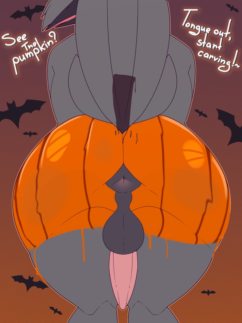 absurd_res anthro anus ass atlas_(oc) avian balls bird chapaevv corvid corvus_(genus) crow digital_media_(artwork) fan_character genitals hair halloween hi_res holidays jack-o'-lantern looking_at_viewer looking_back male nude oscine passerine penis presenting presenting_anus presenting_hindquarters raised_tail simple_background solo spreading tail text