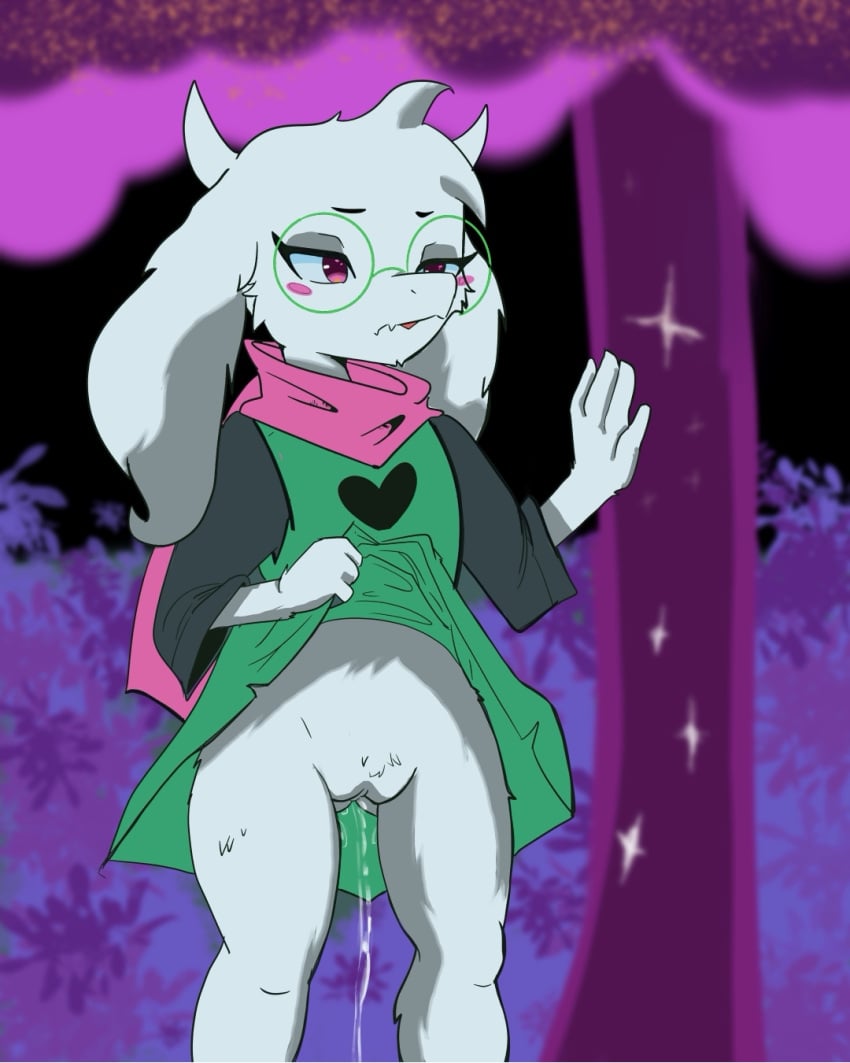 4:5 anonymous_artist anthro bad_anatomy biped blush blush_stickers bodily_fluids boss_monster_(undertale) bovid caprine clothed clothing clothing_lift deltarune digital_media_(artwork) eyelashes eyewear female floppy_ears forest forest_background fur genital_fluids genitals glasses goat green_clothing green_robe hi_res horn leaning leaning_on_object leaning_on_tree lifting_robe mammal nature nature_background no_underwear outside peeing pink_eyes pink_scarf plant pussy ralsei robe scarf solo standing tongue tongue_out tree undertale_(series) urine urine_stream white_body white_fur