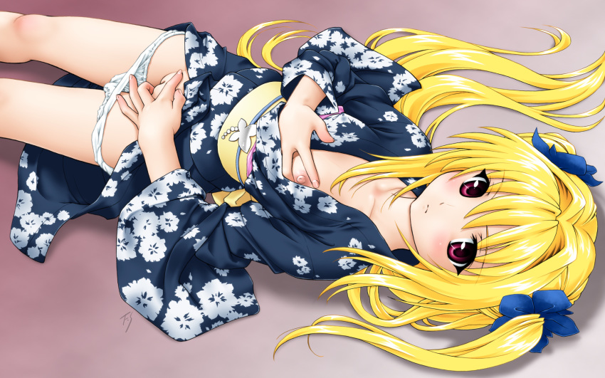 blonde_hair erect_nipples fuji_shinobu golden_darkness japanese_clothes kimono long_hair masturbation nipple_slip nipples panties panty_pull red_eyes tied_hair to_love-ru twintails uncensored underwear vagina