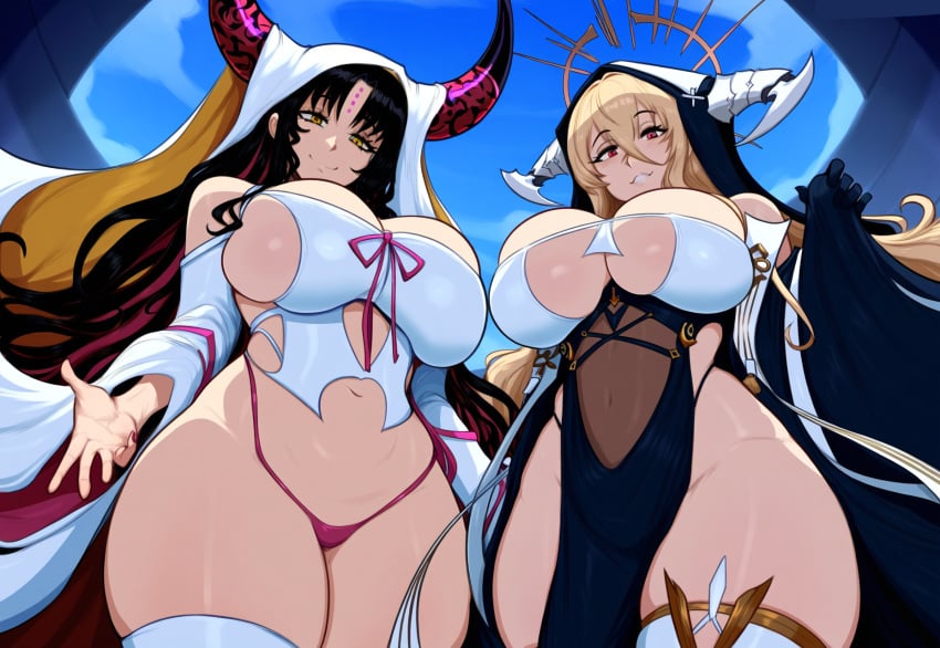 2girls ai_generated azur_lane big_breasts black_hair blonde_hair crossover demon demon_girl demon_horns duo fate/grand_order fate_(series) female/female female_focus female_only from_below implacable_(azur_lane) large_breasts long_hair looking_at_viewer mullon novelai nun panties sesshouin_kiara thick_thighs trait_connection