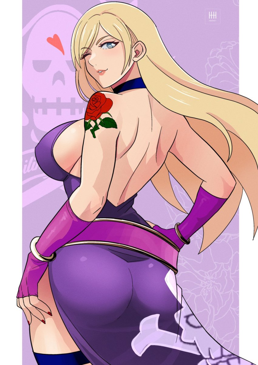 1girls artist_request ass big_breasts blonde_hair blowing_kiss blue_eyes bonne_jenet breasts busty dress fatal_fury female female_only garou:_mark_of_the_wolves hands_on_hips heart highres king_of_fighters large_breasts legs long_hair looking_at_viewer looking_back one_eye_closed pose posing puckered_lips sensual sideboob smile snk solothighs source_request voluptuous wink