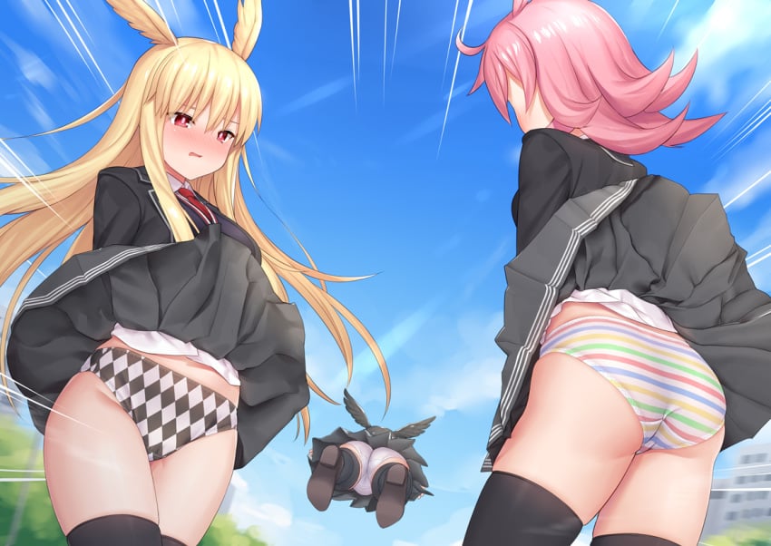 3girls ass black_hair black_thighhighs blonde_hair blush cameltoe checkered_clothes checkered_panties clothes_lift cloud embarrassed fate/grand_order fate_(series) groin hair_wings hildr_(fate) long_hair medium_hair multiple_girls necktie open_mouth ortlinde_(fate) outdoors panties pantyshot pink_hair pleated_skirt red_eyes school_uniform skirt skirt_lift sky striped_clothes striped_panties thighhighs thrud_(fate) torimaru underwear upskirt valkyrie_(fate) white_panties