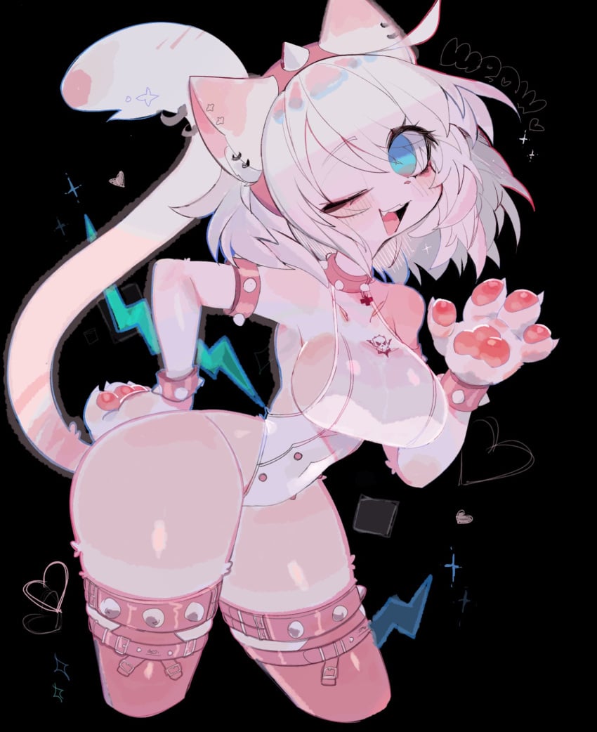 ahoge animal_ears animal_hands bad_anatomy blue_eyes boots breasts cat_ears cat_paws cat_tail diamond_(shape) earrings elphelt_valentine female guilty_gear guilty_gear_strive hairband heart highres jewelry large_breasts leotard multiple_earrings multiple_piercings one_eye_closed pink_footwear sfw sideboob spiked_hairband spiked_thighlet spikes tail thick_thighs thighs usa37107692 white_hair