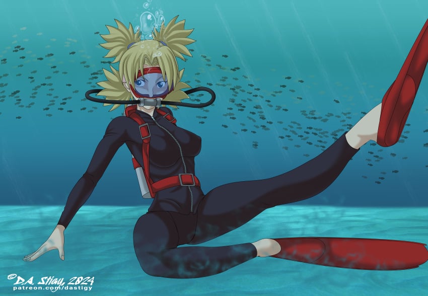 1girls blonde_hair blue_eyes dastigy diving_suit female female_only female_solo fins flippers naruto naruto_(series) red_fins scuba scuba_fins scuba_gear scuba_mask scuba_tank soles solo solo_female solo_only temari underwater