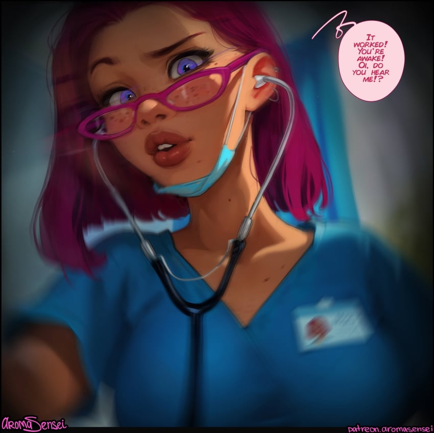 aroma_sensei dark-skinned_female dark_skin dialogue female freckles maru_(stardew_valley) medium_breasts medium_hair nurse_uniform patreon patreon_logo patreon_username purple_eyes solo stardew_valley thick_lips twitter_link twitter_username