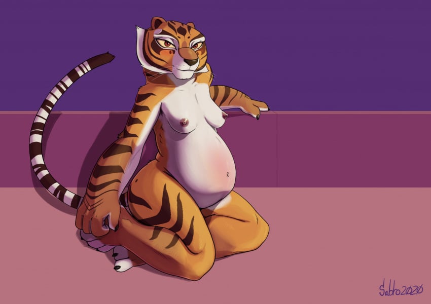 2020 anthro belly big_belly black_nose black_stripes breasts digital_media_(artwork) dreamworks felid female fur kung_fu_panda looking_at_viewer mammal master_tigress multicolored_body multicolored_fur navel nipples nude orange_body orange_fur pantherine pregnant pregnant_anthro pregnant_female sabrotiger sitting solo striped_body striped_fur stripes tiger two_tone_body two_tone_fur whiskers white_body white_fur