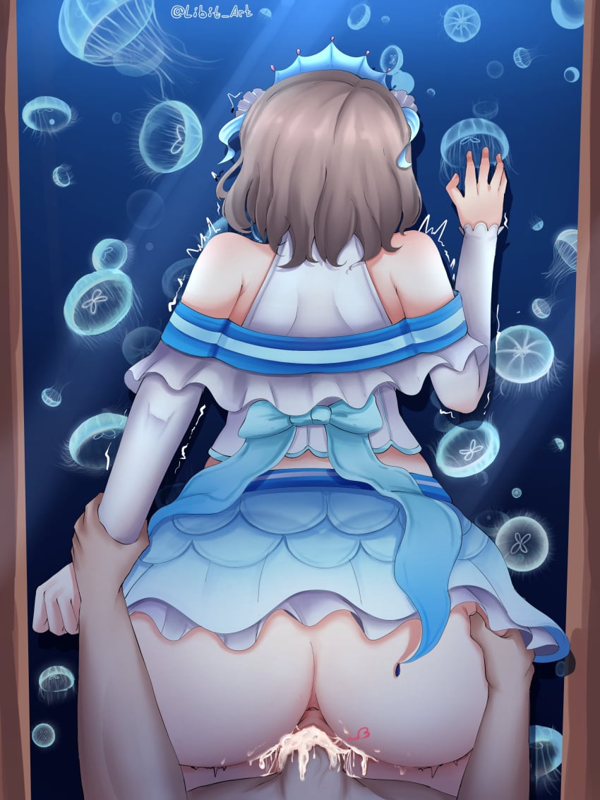 1boy absurdres anus aquarium ass back bare_shoulders brown_hair cum cum_in_pussy female from_behind grabbing_from_behind highres idol idol_clothes jellyfish koi_ni_naritai_aquarium libit_art love_live! love_live!_sunshine!! pussy ribbon sex short_hair standing standing_sex tiara underwater watanabe_you water