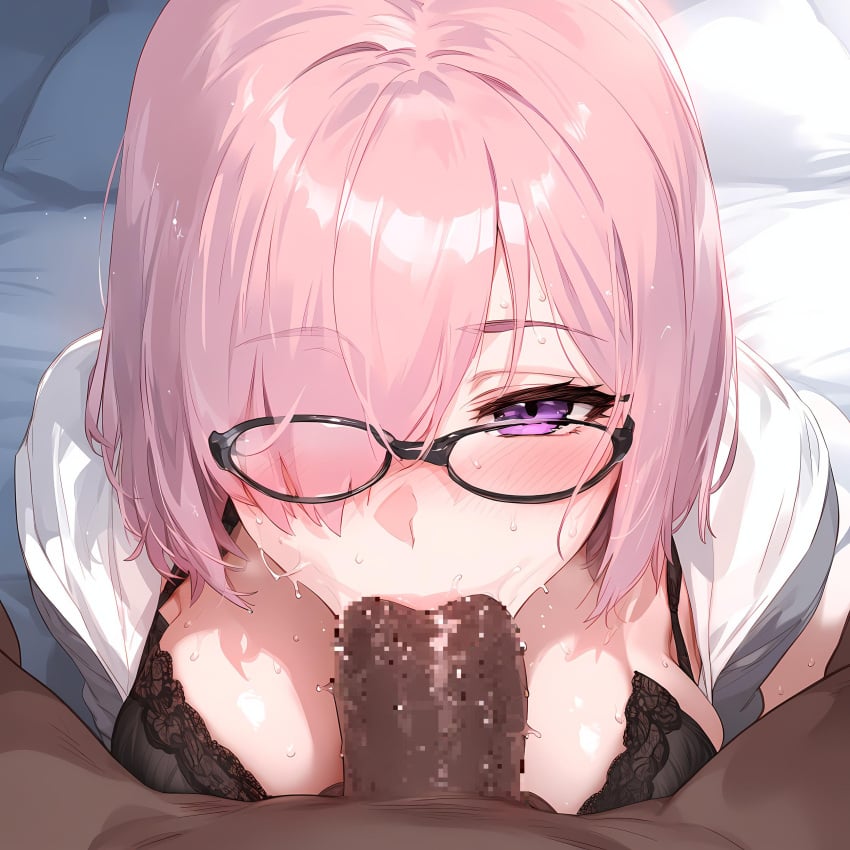 1boy 1girls ai_generated bestwaifus blowjob blush breasts dark-skinned_male dark_skin fate/grand_order fate_(series) glasses highres light-skinned_female light_skin lingerie looking_at_viewer mash_kyrielight open_mouth pink_hair shielder_(fate/grand_order)