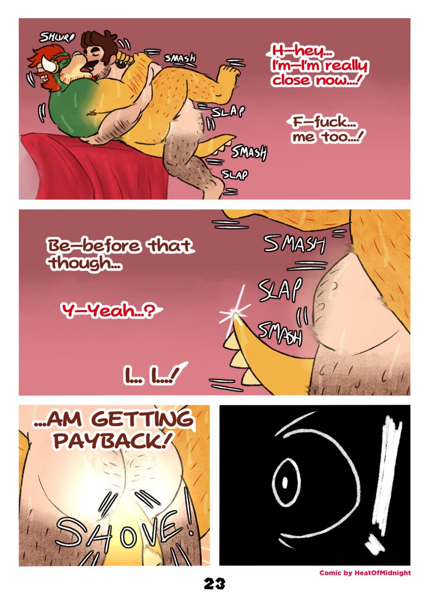 2024 2boys absurd_res ambiguous_penetration anthro arm_hair armpit_hair bed body_hair bowser brown_hair butt_hair colored comic dialogue digital_media_(artwork) dropsofmoonlight duo english_text facial_hair french_kissing furniture gay gay_sex goatee hair hi_res homo horn human kissing koopa leg_hair male male/male mammal mario mario_(series) motion_lines moustache nintendo page_23 page_number penetration red_hair scalie sex tail tail_fetish tail_insertion tail_play text yaoi