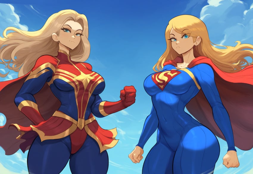 2girls ai_generated big_breasts blonde_hair bodysuit captain_marvel crossover dc dc_comics duo female/female female_focus female_only kara_danvers kara_zor-el large_breasts looking_at_viewer marvel marvel_comics mullon novelai supergirl superheroine superman_(series) thick_thighs trait_connection