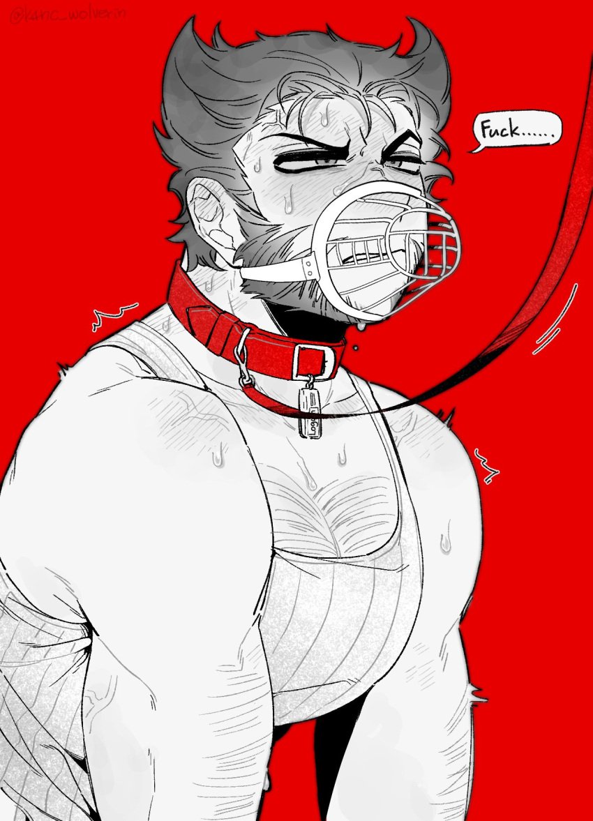 1boy angry animification arm_hair beard blush bondage chest_hair collar english_text facial_hair full-face_blush gay greyscale highres implied_yaoi k4nc_wolverine large_pectorals leash male_focus marvel marvel_comics monochrome muscular mutant_(marvel) muzzle_(mask) pectorals red_background short_hair solo speech_bubble sweat teeth veins veiny_arms wolverine_(x-men) x-men