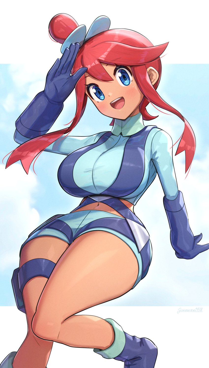 1girls bodysuit fully_clothed gonzarez large_breasts looking_at_viewer red_hair skyla_(pokemon) tagme thick_thighs