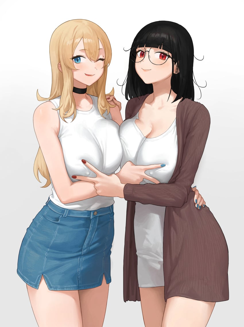 2girls big_breasts breasts claire_lamund_(nhaliz) curvaceous curvy curvy_female female female_focus female_only hi_res highres huge_breasts large_breasts light-skinned_female light_skin looking_at_viewer nhaliz ushio_kyoka