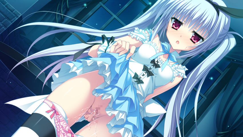 censored dress game_cg hontani_kanae karumaruka_circle long_hair masturbation natsume_koyome night panties panty_pull purple_eyes ribbons saga_planets thighhighs tied_hair twintails underwear vagina white_hair