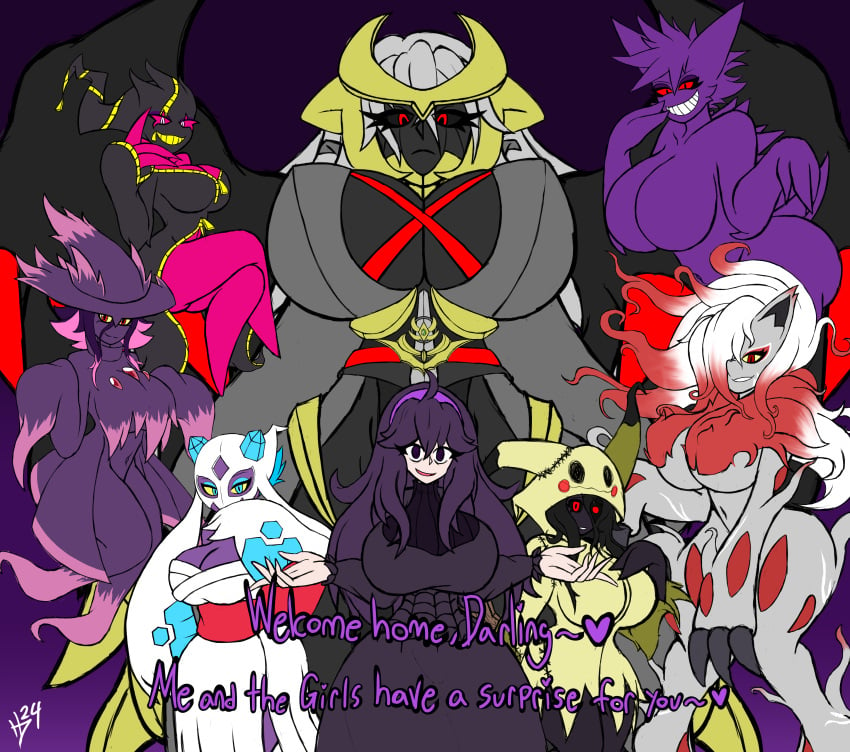 8girls banette big_breasts black_sclera breasts_bigger_than_head chest_strap claws clothed fluffy froslass gengar ghost_girl ghost_type gijinka giratina group harem hex_maniac hisuian_zoroark hollardude hoodie kimono large_breasts mega_banette mimikyu mismagius multiple_girls nintendo open_dress pink_body pokemon pokephilia pov purple_body purple_hair red_sclera self_upload spiky_hair text tummy white_hair zoroark