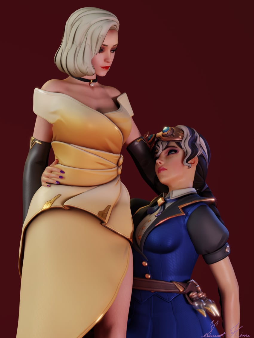 2girls 3d arm_around_waist arm_behind_back arm_sleeves blonde_hair clothed dress formalwear_mercy looking_down looking_up mercy necklace overwatch overwatch_2 simple_background spellbinder_widowmaker suggestive suggestive_look sweethime waistcoat white_hair widowmaker yuri