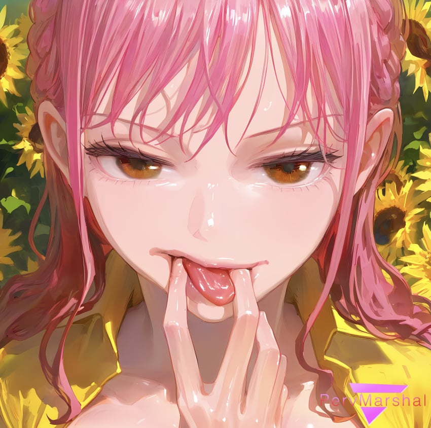 1girls ai_generated brown_eyes female female_only finger_in_mouth fingers huge_breasts licking_fingers marshalperv naughty_face one_piece pervmarshal pink_hair rebecca_(one_piece) saliva shiny_skin shirt solo solo_female tagme tagme_(artist)