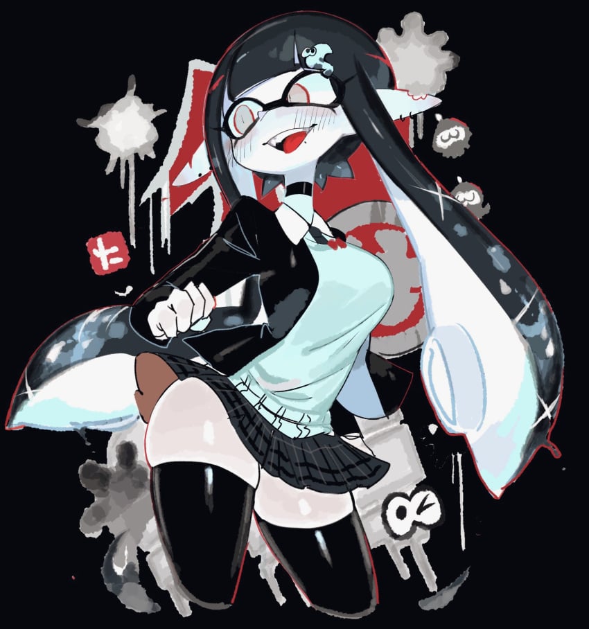 black_hair black_skirt brown_hair female highres inkling inkling_girl inkling_player_character long_hair looking_at_viewer nintendo open_mouth pointy_ears shirt simple_background skirt smile solo splatoon splatoon_(series) tentacle_hair usa37107692 white_background