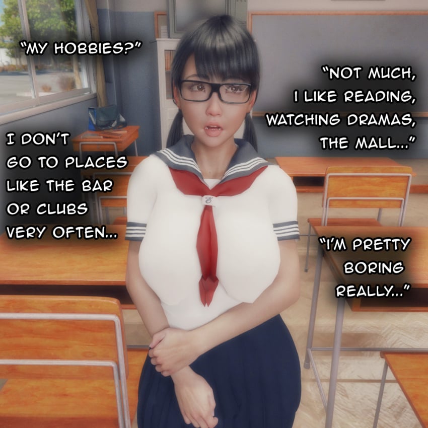 1girls big_breasts black_hair breasts busty curvaceous curvy curvy_body curvy_female curvy_figure english english_text female glasses huge_breasts large_breasts original original_character school_uniform schoolgirl schoolgirl_uniform text tsuyosakuroi twintails voluptuous