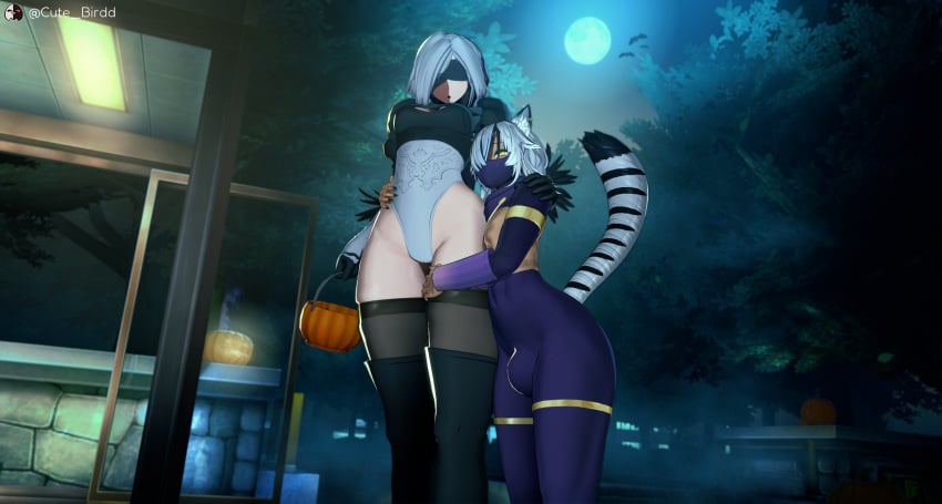 1boy 1boy1girl 1girls 3d 3d_(artwork) before_sex big_thighs black_hair blindfold bulge bulge_through_clothing bulge_under_clothes cat_ears cat_tail catboy cosplay costume cute_birdd dark-skinned_male dark_skin female femboy gold_jewelry halloween halloween_costume hand_on_hip hand_on_shoulder hand_on_thigh height_difference hugging jewelry koikatsu leopard light-skinned_female light_skin male medium_breasts mika_(cute_birdd) night outside park small_but_hung smaller_male tagme taller_girl thick_thighs thighhighs thighs twink two_tone_hair white_hair wide_hips yellow_eyes yorha_2b_(cosplay)