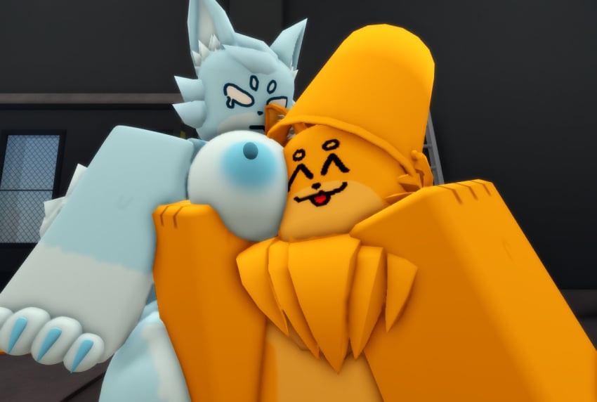 1boy 1girls 3d annoyed_expression anthro big_breasts blue_nipples breast_grab breast_squeeze breasts catte_(kaiju_paradise) female furry ghost_fox_(kaiju_paradise) happy_expression holding_breast kaiju_paradise male ravenuwu roblox roblox_game robloxian self_upload tagme