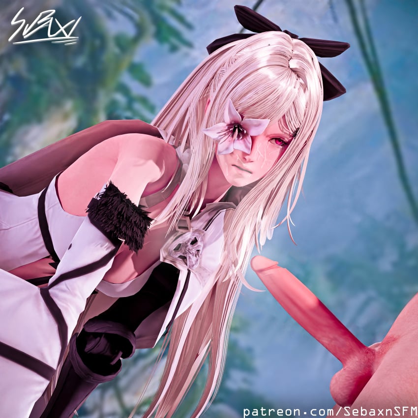 after_fellatio albino clothed_female_nude_male cum cum_on_face drag-on_dragoon_3 drakengard_3 faceless_male facial flower flower_on_eye flower_over_eye hair_ribbon kneeling kneeling_oral_position nude pale_skin prosthetic_arm red_eyes sbxn sebaxn square_enix white_hair zero_(drag-on_dragoon) zero_(drakengard)