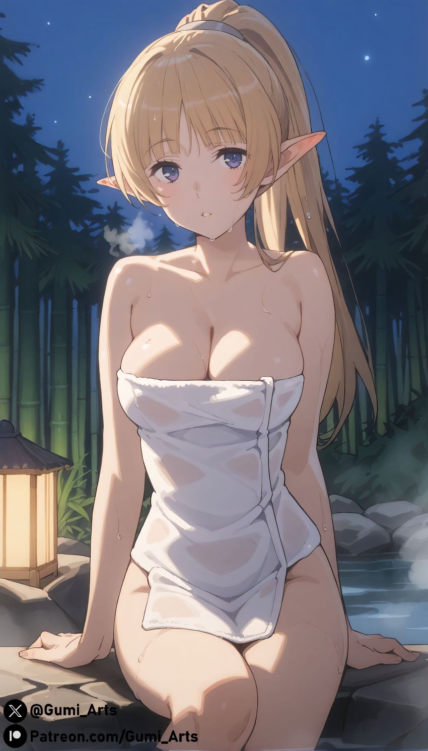 1girls ai_generated bath blue_eyes dungeon_ni_deai_wo_motomeru_no_wa_machigatteiru_darou_ka elf elf_ears elf_female female gumi_arts highres large_breasts lefiya_viridis long_ears long_hair night_sky orange_hair patreon_logo pointy_ears ponytail towel towel_only wet wide_hips