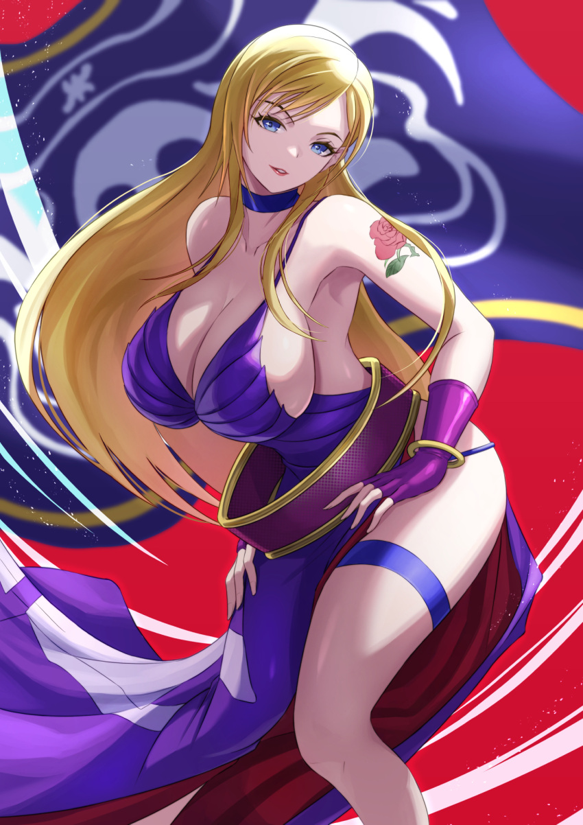 1girls 2d 2d_(artwork) arm_tattoo artist_name big_breasts blonde_female blonde_hair blonde_hair_female blue_eyes blush bonne_jenet breasts british_female busty cleavage dress ema_(emaura) fatal_fury female female_only fighting_game fingerless_gloves garou:_mark_of_the_wolves gloves hands_on_hips highres huge_breasts king_of_fighters leaning_forward legs light-skinned_female long_hair parted_lips pink_lips seductive seductive_look seductive_smile smile snk solo solo_female tattoo thick_thighs thighs thong video_game_character video_game_franchise voluptuous