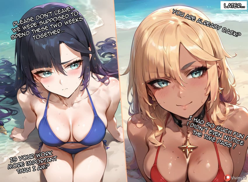 1girls ai_generated beach bikini black_hair blonde_hair breasts caption cheating cheating_girlfriend cheating_wife cleavage dark-skinned_female dark_skin female female_focus female_only genshin_impact gyaru gyarufication looking_at_viewer medium_breasts mona_(genshin_impact) multiple_views netorare ntr patreon_logo patreon_username sad sitting smile smiling smiling_at_viewer sweat swimsuit text vivinyai