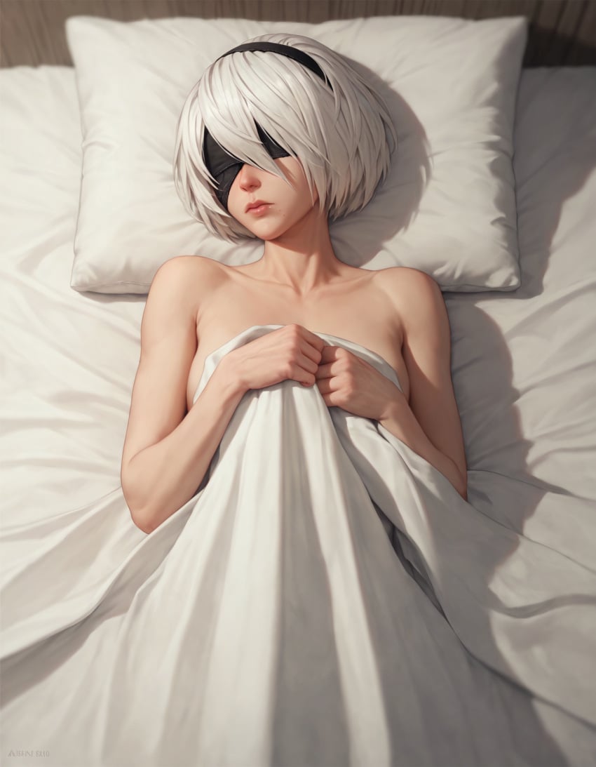 ai_generated bed blanket blindfold covering covering_with_blanket female lying lying_on_back lying_on_bed nier:_automata nier_(series) perfect_body realistic rtxfus rtxfus34 solo topless white_hair yorha_2b