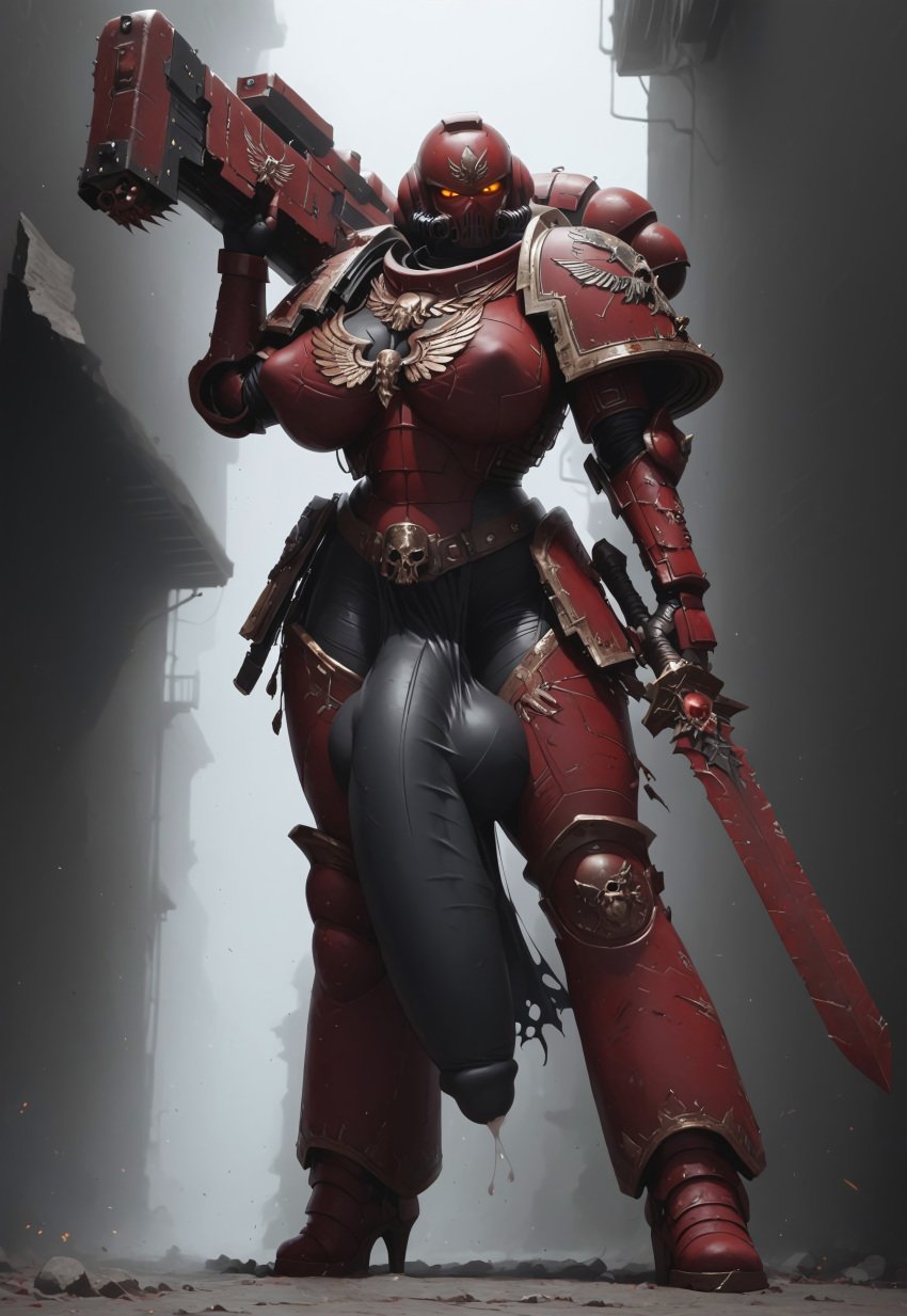 adeptus_astartes ai_generated armor armored_female blood_angels bodysuit cock cum female_space_marine full-package_futanari fully_clothed futa_only futanari futanari_space_marine glowing_eyes helmet hidden_face holding_gun holding_object holding_sword hourglass_figure huge_balls huge_cock hung_futanari large_breasts large_testicles leaking_cum long_penis medieval_fantasy nipple_bulge nipples_visible_through_clothing orange_eyes penis power_armor power_suit red_body rule_63 space_marine sword tall tall_female video_game video_game_character video_game_franchise warhammer_(franchise) warhammer_(weapon) warhammer_40k