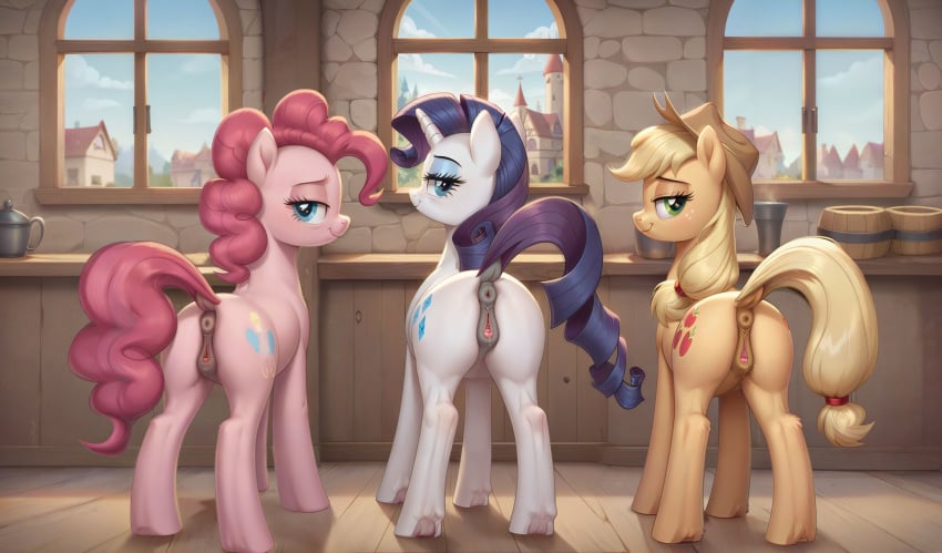 ai_generated animal_genitalia animal_pussy applejack_(eg) ass blonde_hair equid equine equine_genitalia equine_pussy feral friendship_is_magic hasbro my_little_pony pink_hair pinkie_pie_(mlp) purple_hair rarity_(mlp) tail white_body white_fur