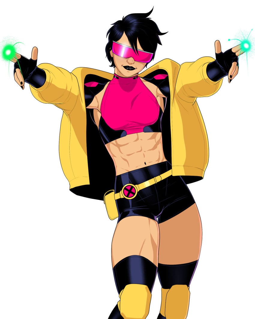 black_hair black_legwear black_lipstick crop_top dylan_macri finger_gun fingerless_gloves jacket jubilation_lee jubilee looking_at_viewer loose_belt muscles muscular muscular_female pink_glasses sfw short_hair sleeveless_shirt sleeves smiling smirk smirking_at_viewer spandex spandex_legwear spandex_shorts sunglasses thighhighs thighs x-men